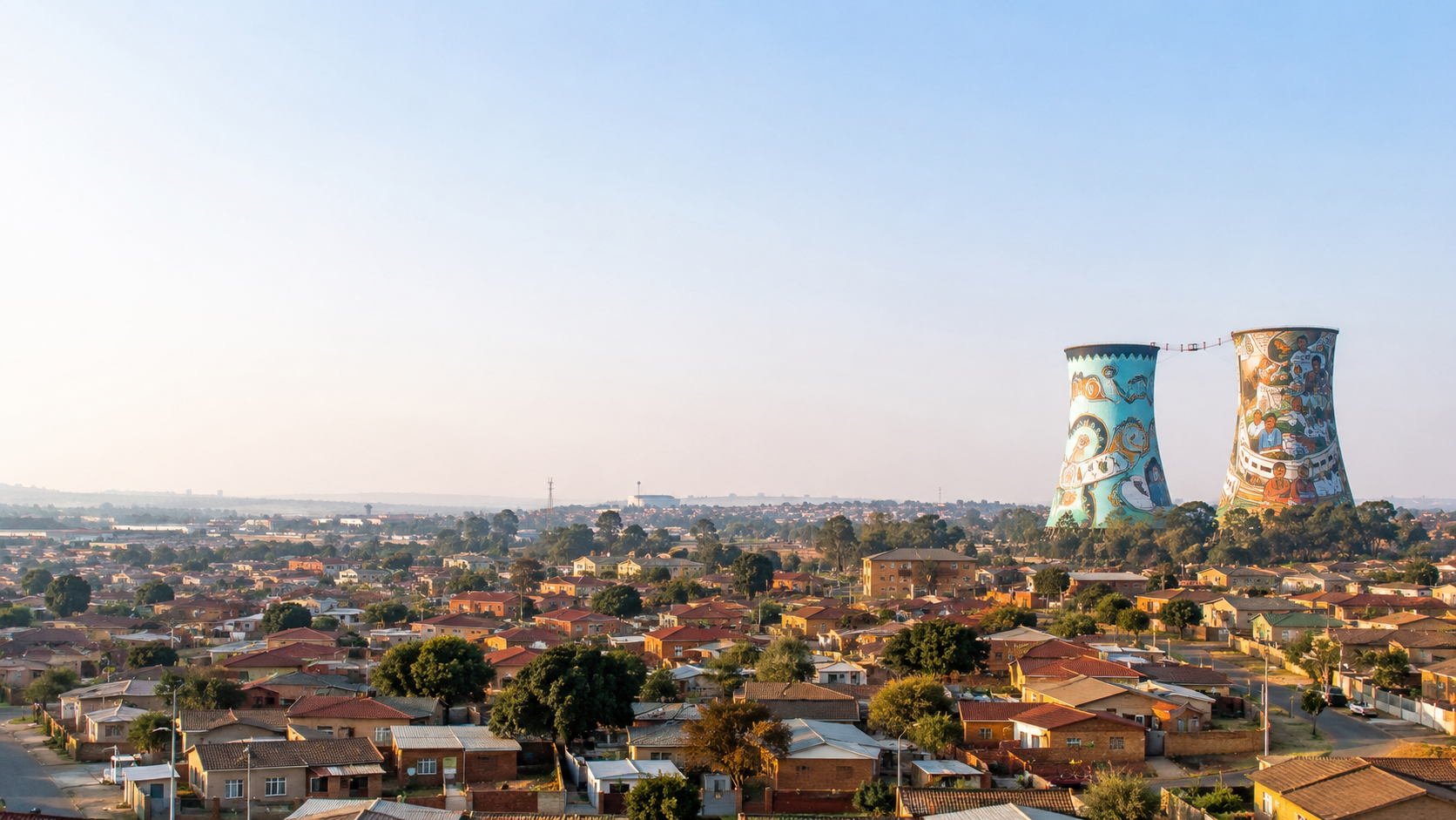 Soft daytime view across Soweto with the colourful Orlando Towers